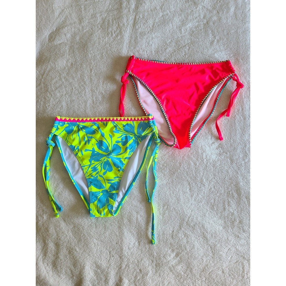 2 Popvil Swim Bikini Bottoms Neon Pink Green Blue Tropical Size S